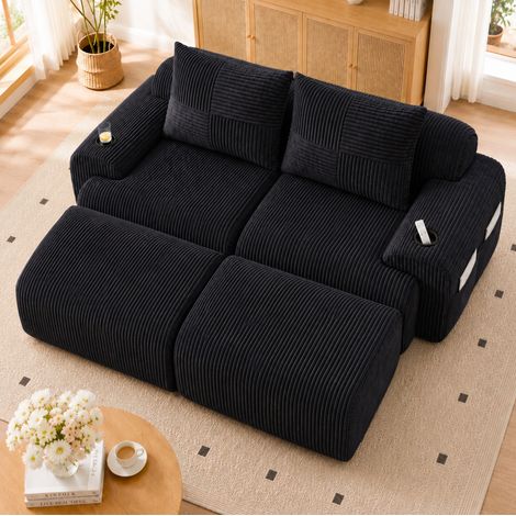 Divano modulare 2 posti in velluto a coste con 2 pouf, portabevande e tasca, nero OKMYHOME (1/5)
