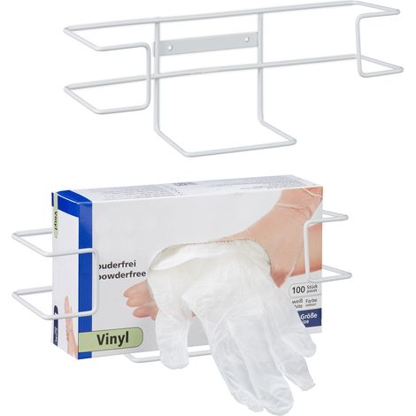 Relaxdays Pack de 2 Soportes Dispenador de Guantes Desechables, Montaje de Pared, 10 x 27,5 x 8,5 cm, Hierro, Blanco