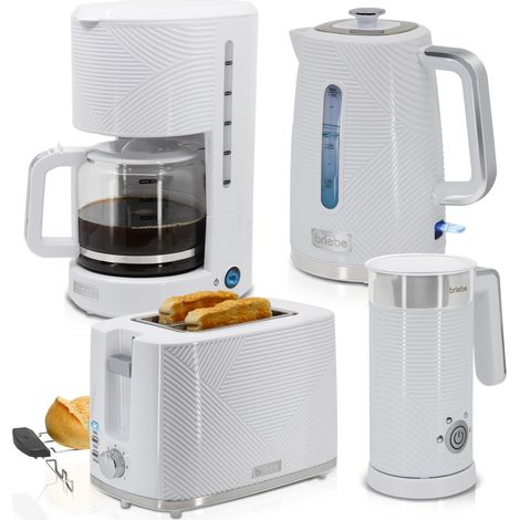 Briebe SKT1185WHT Elegance Set Tostador Pan 2 Rebanadas, Hervidor Agua Eléctrico Cafetera 1,25L Espumador Leche 2200W Blanco (1/5)