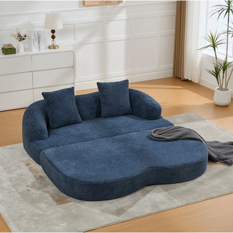 Divano letto convertibile 2 posti in ciniglia blu navy con 2 cuscini HAVRYA (1/5)