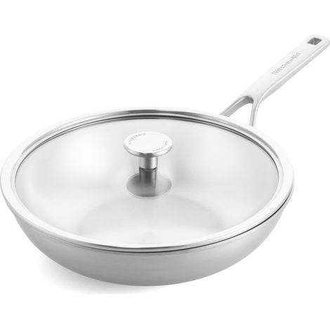 KitchenAid MultiPly 3PLY Wok in Acciaio Inox senza PFAS con Coperchio in Vetro, 25 cm/3,57 L Triply, Multiclad, Induzione, Forno fino a 220°C, Lavastoviglie, Argento (1/5)