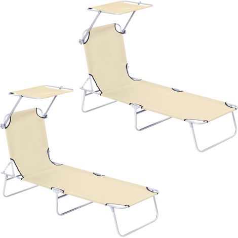 Lot de 2 transats - bain de soleil - Outsunny - dossier inclinable 4 positions pare-soleil réglable - Oxford - 187x58x36cm - beige (1/5)