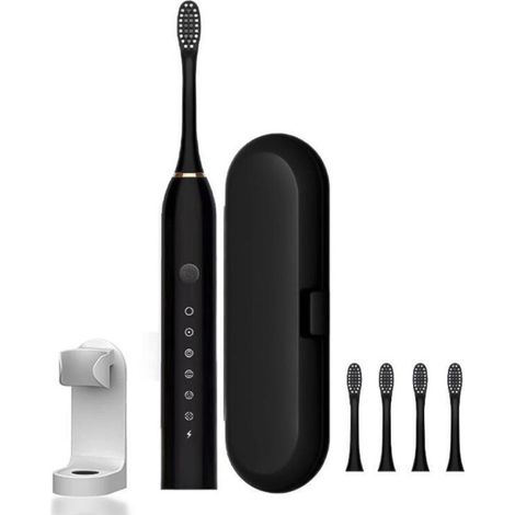Brosse à dents électrique adulte, rechargeable, avec étui de voyage, porte-brosse à dents et 4 têtes de brosse, 6 modes de nettoyage, faible bruit, étanche et blanchissant (1/4)
