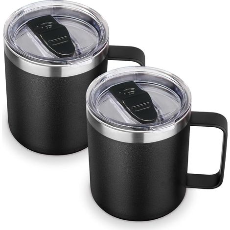 Lot de 2 tasses à café isothermes en acier inoxydable de 414 ml avec couvercle – Tasse à café de voyage à double paroi sous vide avec poignée – Gobelet isotherme réutilisable pour le camping (1/5)