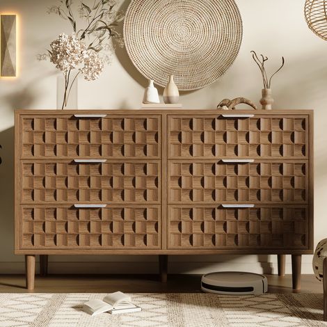 Buffet bas 120x37x77 cm avec 6 tiroirs, façades à relief quadrillé façon tablette de chocolat, commode mid-century à poignées métalliques, effet chêne (1/5)