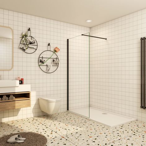 Paroi de douche à l'italienne 160x200cm profil noir mat en verre trempé anticalcaire, livré avec une barre de fixation 90cm (1/4)