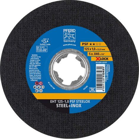 PFERD 10 dischi da taglio dritti, 125 x 1,0 mm, X-Lock (22,23 mm), PSF STEELOX, 69198289, per un cambio rapido e confortevole degli attrezzi (1/4)