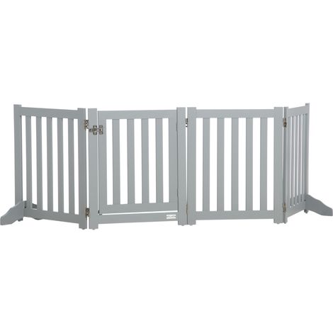 Cancelletto di sicurezza per cani in legno pieghevole a doppia faccia, 4 pannelli con porta, piedini di supporto, 205 x 60 cm, grigio (1/5)