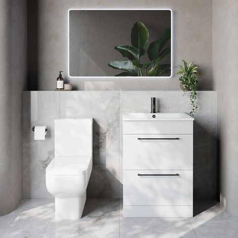 Napoli 460 Gloss White 600mm 2 Drawer Vanity Unit and Tacoma Comfort Height Toilet Suite with Angel Basin - 600mm - Matt Black 320mm Handle