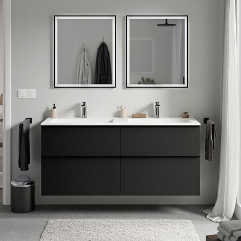 BERNSTEIN - Mobile lavabo sospeso MDF nero opaco, lavabo Ghisa bianco opaco + foro rubinetto, maniglia cromata - 120x46x62cm - LAVOA	Nero opaco, cromo, Bianco opaco con foro rubinetto