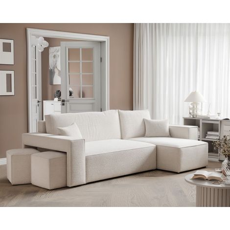 Ecksofa Schlafsofa Sofa ADARA inkl. Hocker in Stoff Centaur Creme Ottomane Rechts