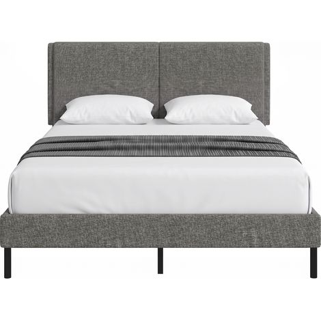 Cadre de lit 140x190 avec sommier et tête ajustable, lit double capitonné en lin, coffre de rangement intégré, gris (1/4)