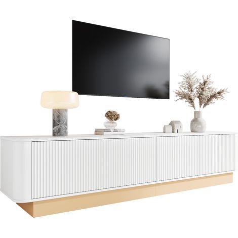 Meuble TV bas 200 cm  Meuble TV de style luxueux avec 4 portes et grand espace de rangement, meuble multimédia pour salon, étagères réglables en hauteur, angles arrondis, minimalisme moderne, matériau