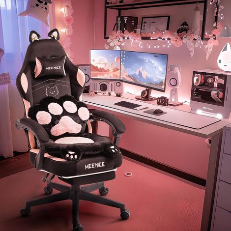 Gaming Stuhl Katzenohren Katzenpfote Lendenkissen 200kg Schwarz Rosa (1/5)