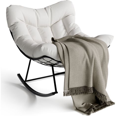 Chaise à bascule Papasan œuf oversize d’extérieur - Coussin inclus - Cadre métal robuste - Résine tressée - Patio balcon jardin terrasse chambre - Blanc (1/5)