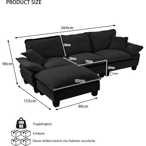 Canapé d'angle nuage en L noir en chenille. Livré avec ottoman mobile et 2 coussins, confortable pour salon et appartement (1/5)