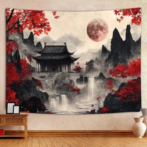 Dizifinn Tapisserie d'anime japonais, noir et rouge, coucher de soleil sur la forêt, décoration murale esthétique, décoration murale, dortoir universitaire, décoration d'intérieur, 152,4 x 101,6 cm (1/5)