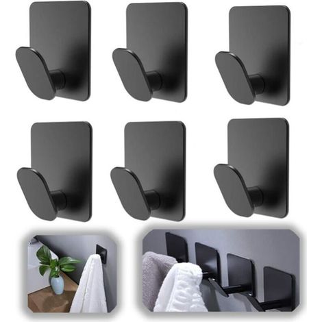 6 Pieces Adhesive Hook, Bathroom Wall Adhesive Hook, Kitchen Towel Hanger, Picture Hanger without Drilling, Stainless Steel Adhesive Self-Adhesive Hook, Black (1/5)