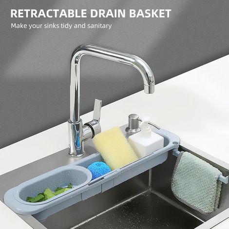 Multifunktionale Küchentrennwand mit ausziehbarem Spülbecken, Abtropfkorb, Abtropffläche, Wasserfilter, Obst- und Gemüsespülschwamm, grau und blau. (1/5)
