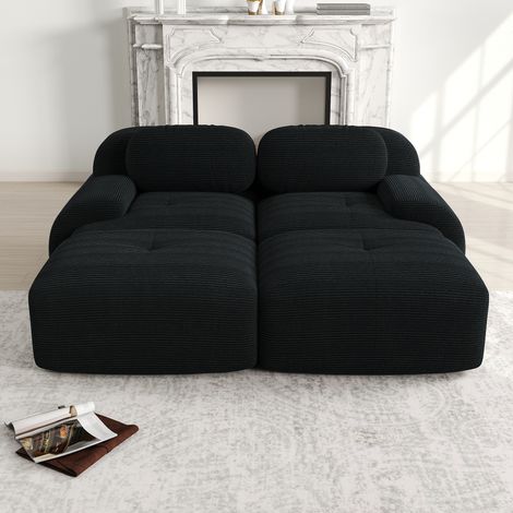Canapé 2 places velours côtelé, modulaire avec chaise longue, accoudoirs antidérapants, sellerie élastique pour salon et chambre, noir