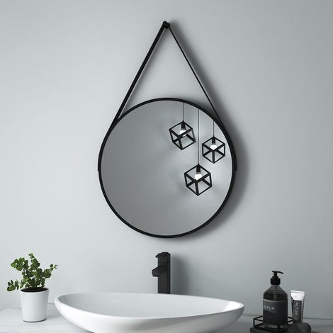 Heilmetz Espejos de Baño Redondo Espejo de pared ф50cm con correa negra ajustable Espejo Retro (1/5)