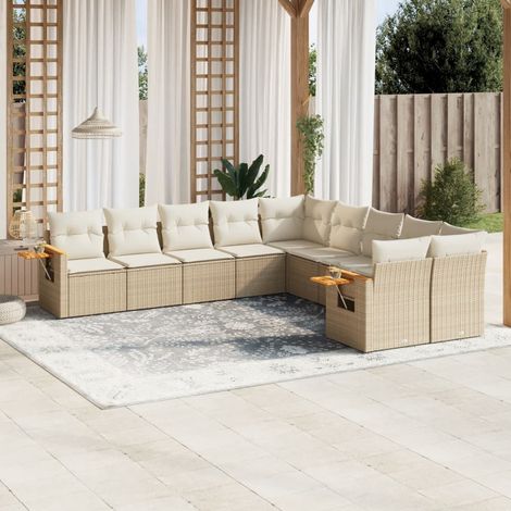 Ensemble Salon Jardin 10 Places Résine Tressée Beige avec Coussins Amovibles - Structure Acier et Table d'Appoint (1/4)