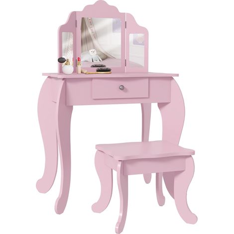 Coiffeuse pour enfants avec tabouret et miroir réglable, pour filles de 3 à 6 ans, avec tiroir, rose (1/5)