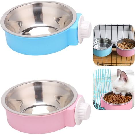 Gamelles suspendues pour animaux lot de 2 - 500 ml en acier inoxydable amovibles, bleu et rose (1/5)