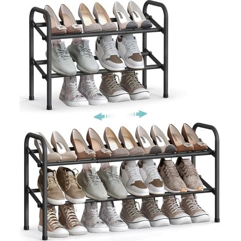 Ausziehbares Schuhregal, 2-stöckiges Metall-Schuhregal, verstellbare Ablagefläche, freistehendes Schuhregal für Flur, Kleiderschrank, Eingangsbereich, einfache Montage, tiefschwarz