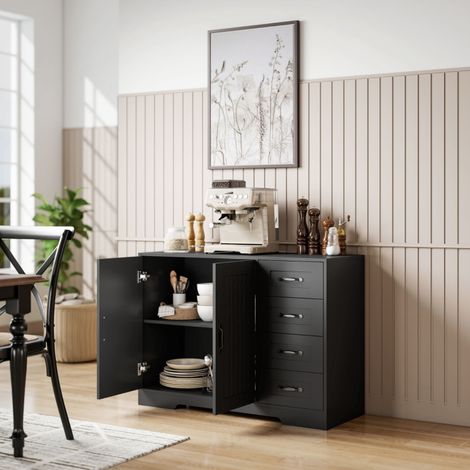 Credenza da cucina in legno con 4 cassetti, porta TV, cassettiera dotata di dispositivo antiribaltamento, 105×40×76 cm, nero (1/5)