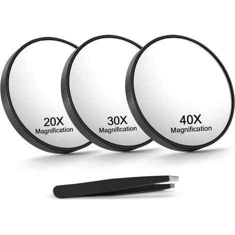 Miroir de maquillage grossissant portable - grossissement 20x/30x/40x, avec ventouse - lot de 3, noir (1/3)