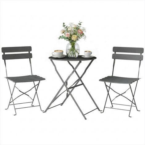 Table de jardin bistrot pliante grise avec 2 chaises en métal (1/5)