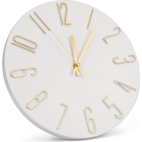 Geräuschlose Wanduhr 30 cm (12 Zoll) – Holzoptik – Weiß – 3D-Ziffern – Rund – Modernes Quarzwerk – Ideal für Zuhause, Büro, Schlafzimmer und Küche. (1/5)