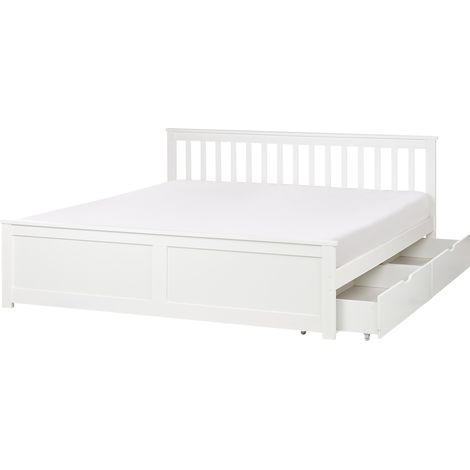 Cama con somier de madera de pino MDF minimalista con almacenaje 2 cajones 180 x 200 cm blanco Olendon (1/5)
