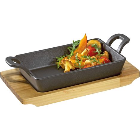 Padella di servizio KÜCHENPROFI quadrata con 2 manici e asse di legno BBQ 21,5x12,5x6cm (1/4)