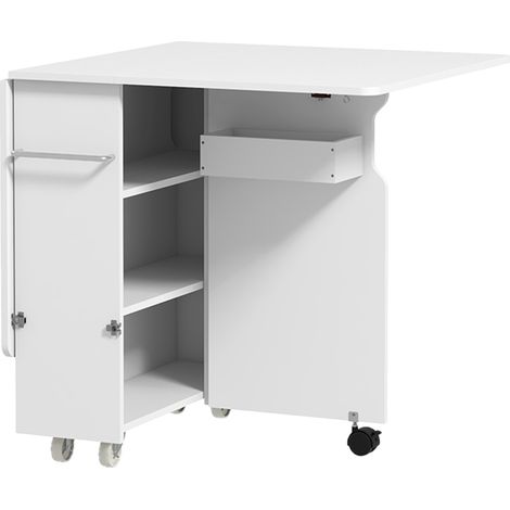 Klapptisch mit 3 Ablagen, Fächern und Rollen, weißes MDF, 130 x 80 x 76,5 cm
