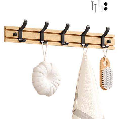 Porte Manteau Bambou Mural, Patères 5 Crochets pour Suspendre Vêtements, Peignoirs, Serviettes, Manteaux Crochet Mural pour Entrée, Chambre(Noir) (1/5)