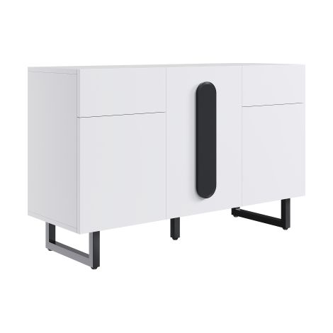 Buffet 120 cm blanc, tiroirs portes, poignées noires, pieds métal (1/5)