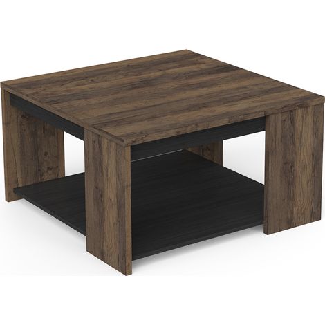 Table basse carrée avec étagère couleur chêne foncé / noir - Largeur 80 x Profondeur 80 x Hauteur 44,2 cm (1/5)