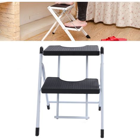 Échelle 2 marches pliable · Antidérapante · Large plateforme · Legère · Portable · Escabeau cuisinie · Marches robustes noir (1/4)