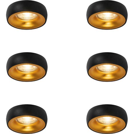 QAZQA Juego de 6 focos empotrables de diseño negros con interior dorado - Mooning Aluminio Adecuado para LED Max. 1 x 50 Watt (1/5)