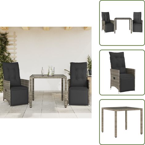 The Living Store Ensemble de bistro de jardin 3 pcs coussins gris poly rotin - Salon De Jardin - Set De Salon De Jardin - Mobilier De Jardin - Fauteuil Pliable - Table Basse
