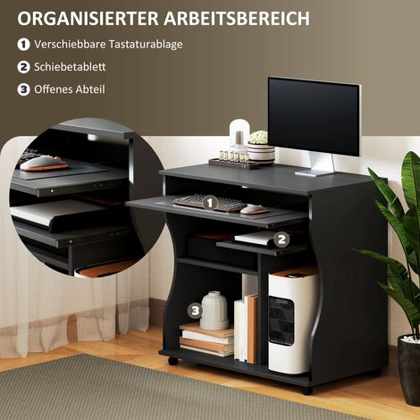 Bureau informatique mobile à roulettes avec espace de rangement, 80 x 48 x 75 cm, noir (1/4)
