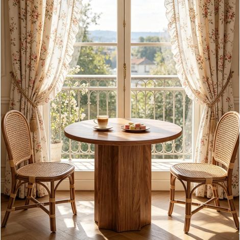 Table ronde 80x80x75 cm marron, pied central, plateau MDF effet bois, design compact MEUBLIV (1/5)