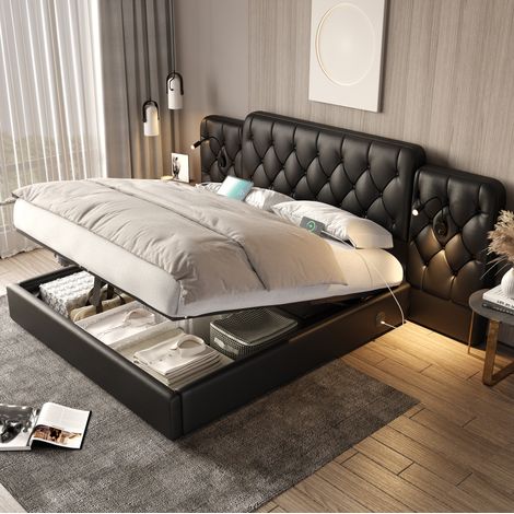 Bett 160x200 mit Stauraum, USB und Leselicht, PU Schwarz OKMYHOME (1/5)