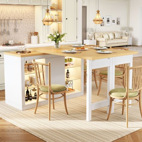 Table îlot de cuisine extensible 120-197x40x72 cm avec rotation 360°, LED RGB, rangements, MDF blanc (1/5)