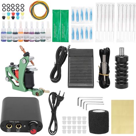 Complete Tattoo Machine Kit Professional Tattoo Kit with Coils Tattoo Machine 9 Ink Needle for Beginner 90‑265VEU Plug (1/5)