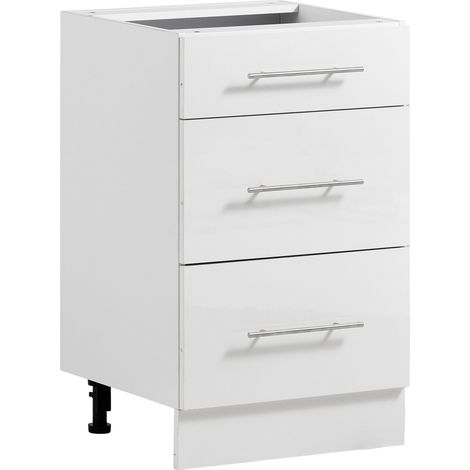 Meuble Bas en Kit, Élément Bas à 3 Tiroirs, 50x47,5x81,5 cm, Blanc, Rangement pour Salle de Bain Cellier Buanderie, Chants Plaqués, Caisson de Cuisine sans Plan de Travail, Fermeture en Douceur (1/5)
