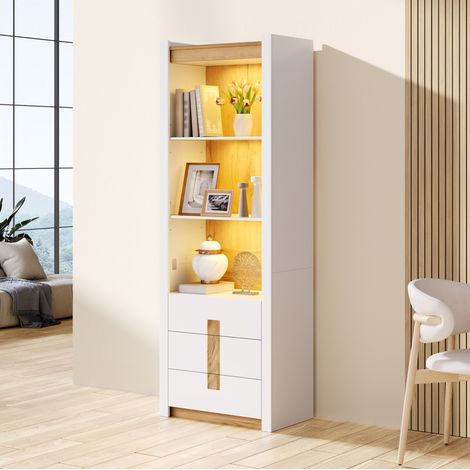 MODFU – Vitrina 63x41,5x200 cm de aglomerado con 3 cajones, 3 nichos, LED Bluetooth y carga 60 kg – Blanco mate (1/5)