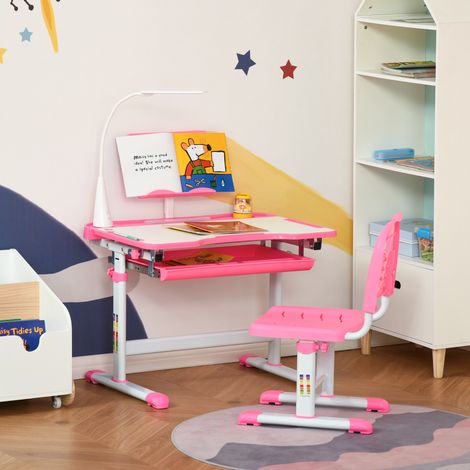 Kinderschreibtisch- und Stuhlset für Kinder ab 6 Jahren, höhenverstellbar mit neigbarem Tisch, Lampe, Schublade und Bücherregal, Rosa